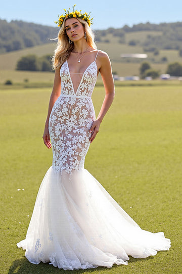 Lace Mermaid Ivory Tulle Wedding Dress